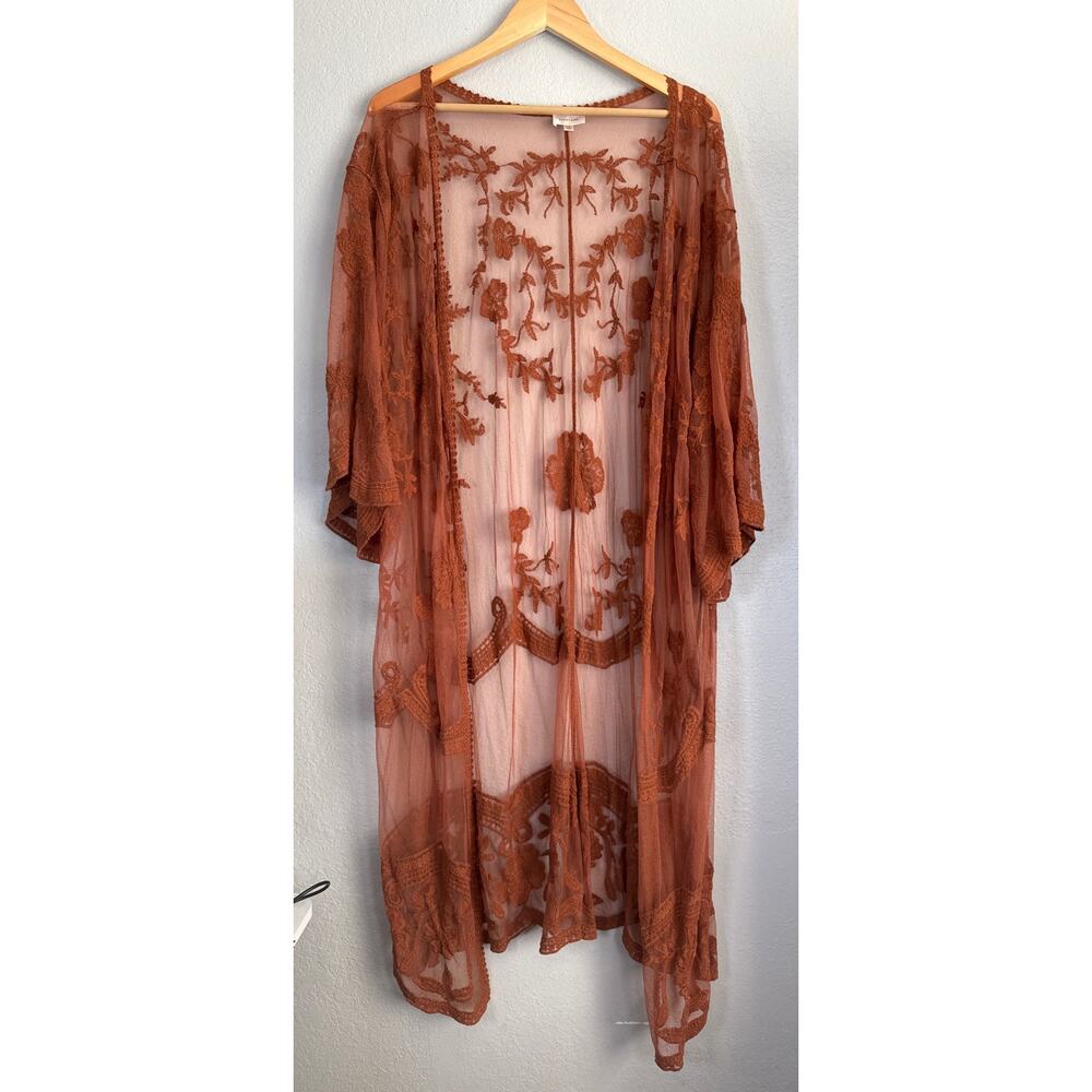 Dizzy Gal Brown Embroidered Kimono Duster Womens 2X Boho Bohemian Sheer Open